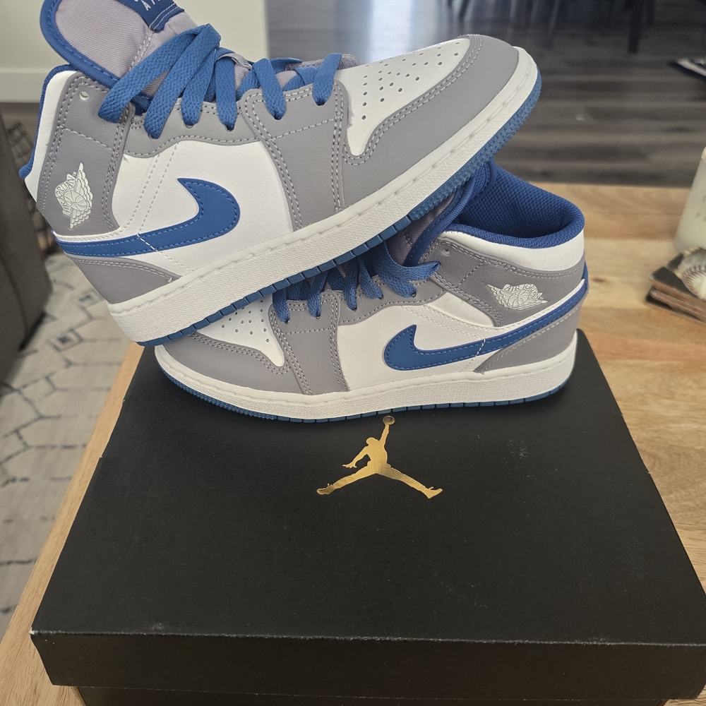 Kids Jordan 1 Mid True Blue/Gray 3.5Y